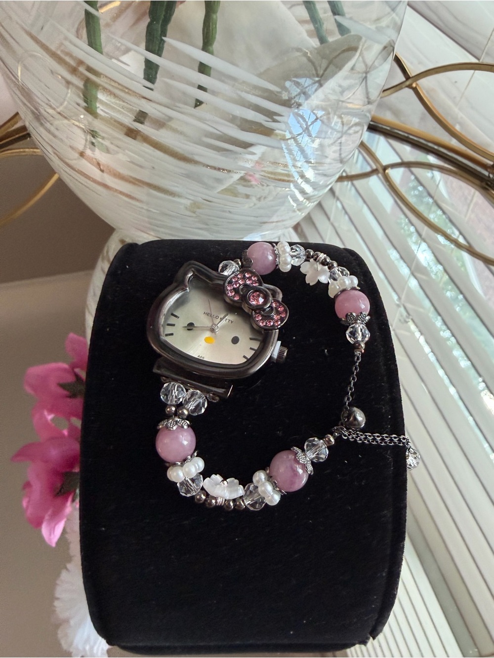 Hello Kitty Pink and Silver Beaded Bracelet Watch